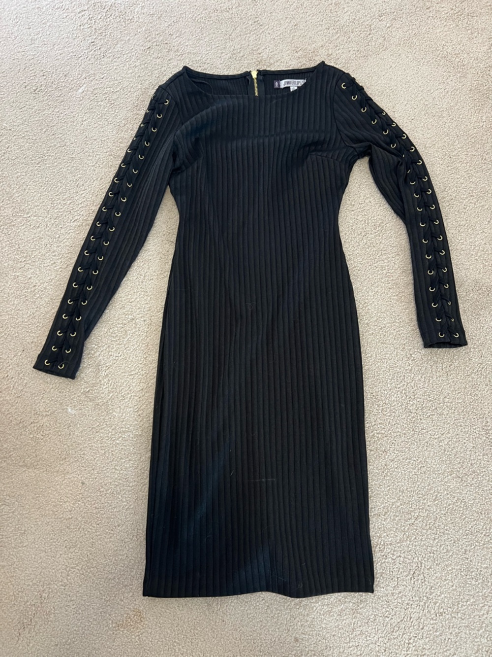 Jennifer Lopez Black Ribbed Long Sleeve Bodycon Dress with Eyelet Detail